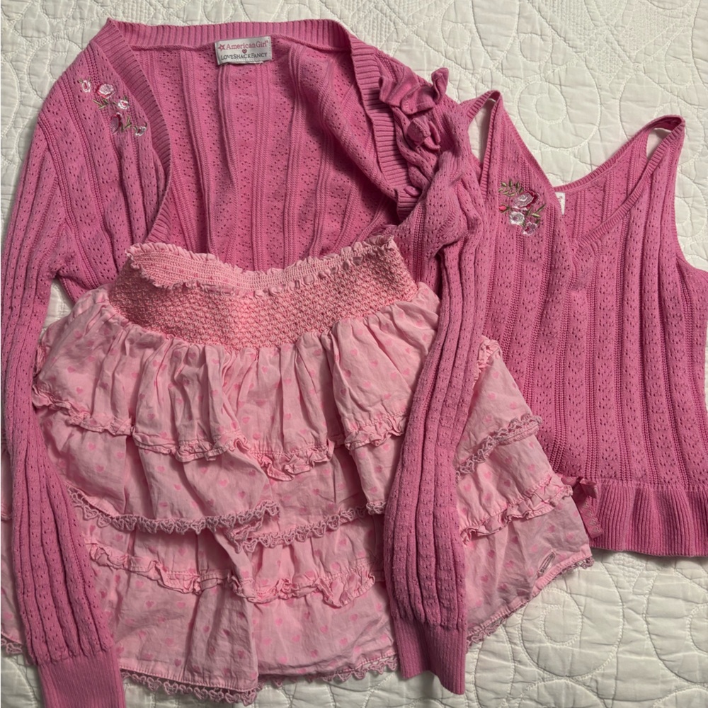 LoveShackFancy X AG collab Pink Ruffled Knit Top& Cardigan and skirt - Picture 3 of 5